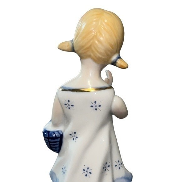 Vintage 1960s Porcelain Hand-painted Figurine Girl in Pigtails w/ Dove & Basket - Picture 7 of 12